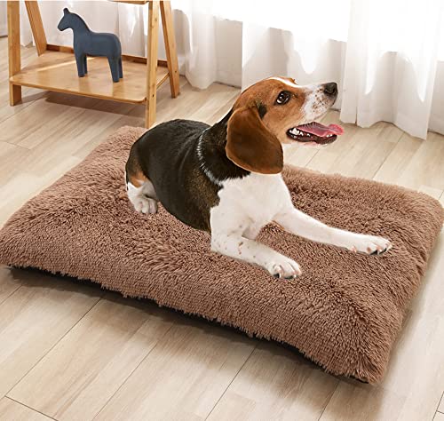 Beruhigendes Hundekäfigbett für große, mittelgroße Hunde und Katzen, weiches Plüsch, Hundebett, Katzenbett, Kissenmatte, rutschfest, waschbar, rechteckig, Größe L 100 x 70 x 10 cm, Braun von Hruile