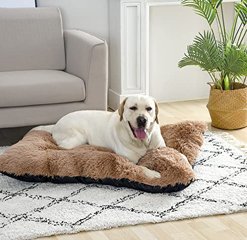 Hundebett, groß, mittelgroß, waschbar, mit rutschfester Unterseite, langes Plüschbett, Anti-Angst, Hundematte, weich und warm, für Käfig, XL, Braun von Hruile