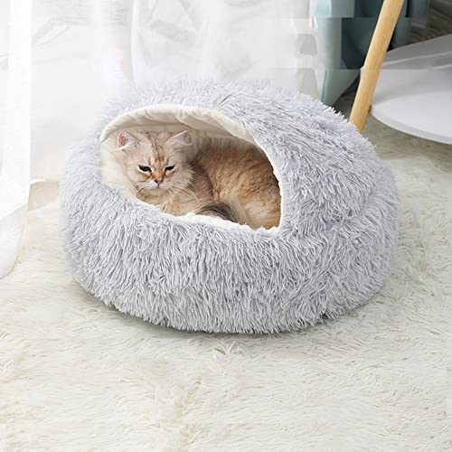 Rundes Haustierbett für Hunde und Katzen, weicher Plüsch, Höhle mit Kapuze, Donut, flauschig, rund, Kunstfell, rutschfest, selbstwärmend, Größe L, 60 cm, Grau von Hruile