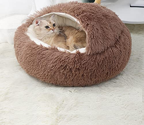 Rundes Haustierbett für Hunde und Katzen, weicher Plüsch, Höhle mit Kapuze, Donut, flauschig, rund, Kunstfell, rutschfest, selbstwärmend, M-50 cm, Braun von Hruile