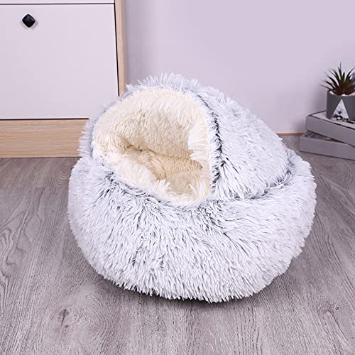 Rundes Katzenbett, Katzenhöhle, warm, für den Innenbereich, mit Kapuze, Plüsch-Donut-Katzenbett, weich, gemütlich, Kunstfell, Schlafbett für Kätzchen und Welpen, kleine Hunde, L-60 cm, Grau von Hruile