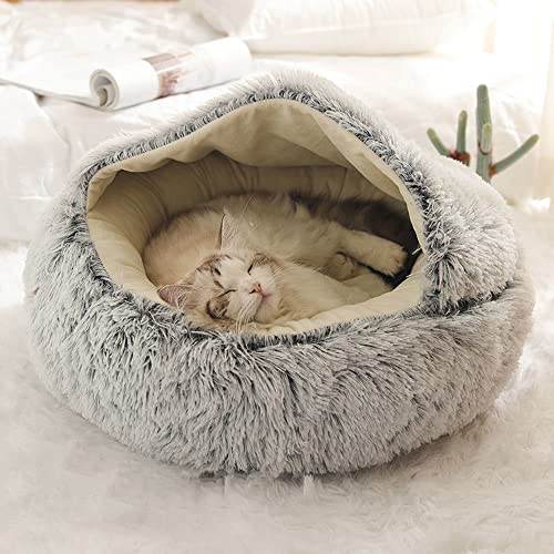 Rundes flauschiges Katzenbett, Katzenhöhle, Katzenzelt, mehrere Größen, selbstwärmend, für Kätzchen und Welpen, kleine Hunde, rutschfest, mit Kapuze, 50 cm, Grau von Hruile