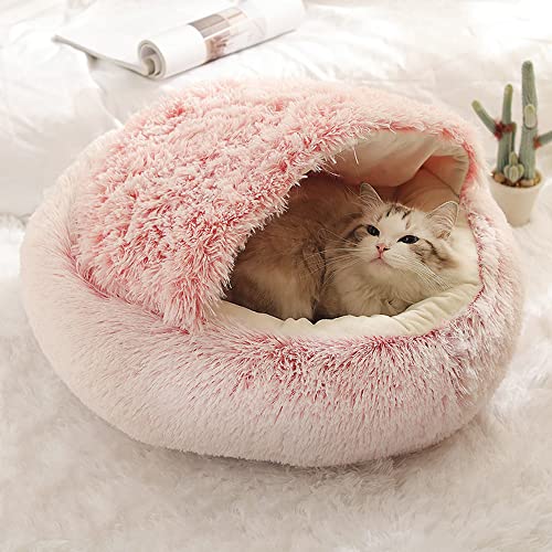 Rundes flauschiges Katzenbett, Katzenhöhle, Katzenzelt, mehrere Größen, selbstwärmend, für Kätzchen und Welpen, kleine Hunde, rutschfest, mit Kapuze, 50 cm, Rosa von Hruile