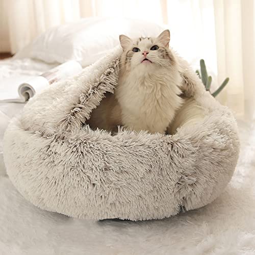 Rundes flauschiges Katzenbett, Katzenhöhle, Katzenzelt, mehrere Größen, selbstwärmend, für Kätzchen und Welpen, kleine Hunde, rutschfest, mit Kapuze, 60 cm, Braun von Hruile