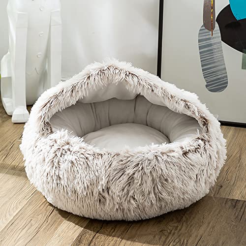 Weiches, warmes Katzen-Schlafbett, rund, Katzenhöhle, Donut-Hundehöhle, Haustier-Nest mit Kapuzendecke, hochwertiges Plüsch-Katzenbett, geeignet für Indoor-Katzen und Welpen, L-65 cm, Kaffeebraun von Hruile