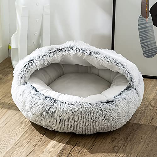 Weiches, warmes Katzen-Schlafbett, rund, Katzenhöhle, Donut-Hundehöhle, Haustier-Nest mit Kapuzendecke, hochwertiges Plüsch-Katzenbett, geeignet für drinnen und draußen, S-40 cm, Grau von Hruile