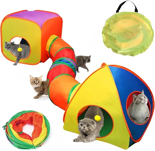 Hsdbuy Katzentunnel für Indoor-Katzen mit Würfelzelt, Spielzeug-Kombination, Pop-Up-Kombination, zusammenklappbar, interaktives Guckloch, Katzenrohr mit Spielball und Glocke für Kätzchen, Welpen, von Hsdbuy