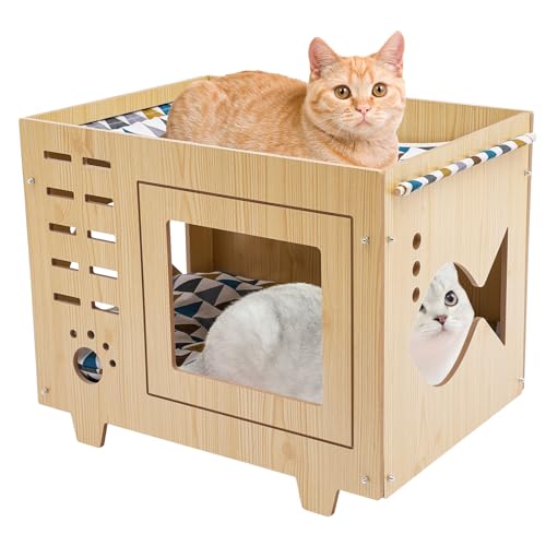 HuKaiL Katzenhaus Holz mit Matratze, Hundehütte Katzenhaus Winterfest Isoliert mit 2 Abnehmbaren Kissen, Weich Warm Katzenkorb Innenraum Katzenhütte für die Meisten Katzen, 55 * 40 * 44cm von HuKaiL