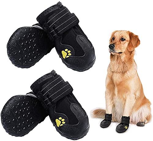 HuaTek Hundestiefel, wasserdichte Stiefel für Hunde, Hundeschuhe mit Rutschfester Sohle, reflektierende Riemen, Outdoor-Hundeschuhe für mittelgroße und große Hunde (schwarz, 4 Stück) von HuaTek