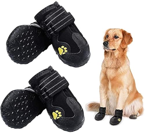 HuaTek Hundestiefel, wasserdichte Hundestiefel,Regenstiefel, Hundeschuhe für mittelgroße bis große Hunde mit Zwei reflektierenden Befestigungsbändern und robuster Rutschfester Sohle(schwarz, 4 Stück) von HuaTek