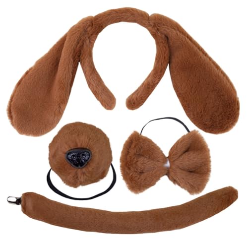 Huamengyuan Plüsch Hundeohren-Stirnband Set Fliege Hundeohren Kopfdekoration Plüschflecken Hundenase Schwanz Tierhaarreifen Hundeohren Haarband für Halloween Cosplay Typ 3 von Huamengyuan