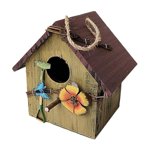 Huamengyuan Vogelhaus Rustikales Vogelhäuschen aus Holz mit dekorativen Blumen, handgefertigtes Vogelhäuschen für den Garten Nistkasten aus Naturholz mit Seil zum Aufhängen von Huamengyuan