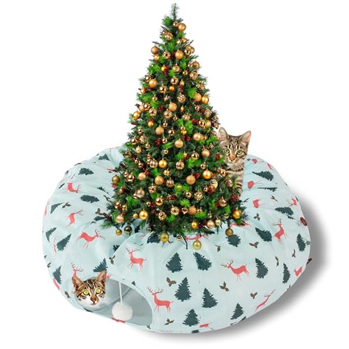 Hudson Comfort Katzen-Donut-Tunnel für Weihnachtsbaum, Weihnachtsmotiv, Katzenröhre für die Weihnachtszeit, ultraweicher Plüschsamt, niedlicher Katzenbaum-Tunnelrock mit Ballspielzeug, rutschfeste von Hudson Comfort