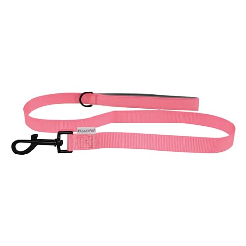 HugglePets Gepolsterte Hundeleine für bequemes Spazierengehen, robuster Stoff, weicher Neoprengriff, drehbarer D-Ring für Halsband-Geschirr-Befestigung, Rosa von HugglePets