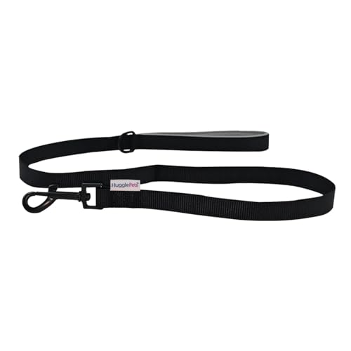 HugglePets Gepolsterte schwarze Hundeleine für bequemes Spazierengehen, robuste Hundeleine aus Stoff, weicher Neoprengriff, drehbarer D-Ring für Halsband-Befestigung von HugglePets