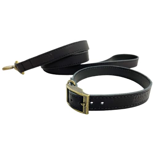 HugglePets Hundehalsband und Leine, Leder, handgefertigt, Größe L 40–45 cm, Schwarz von HugglePets