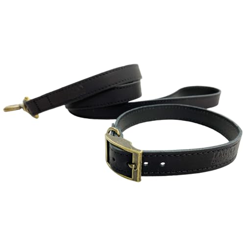 HugglePets Hundehalsband und Leine, aus Leder, handgefertigt, Schwarz, Größe S 30–35 cm von HugglePets
