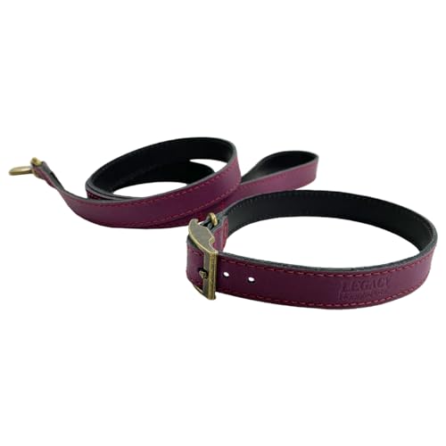 HugglePets Hundehalsband und Leine, Hund Zubehör für Hunde, aus Leder, hergestellt in Großbritannien, handgefertigt, Merlot, Größe L 40–45 cm von HugglePets