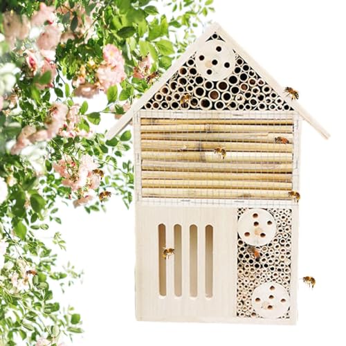 Hugsweet Bienenhaus aus Holz, Gartenbienenhaus,Naturholz-Maurerbienenkasten und Schmetterlingshotel | Robuste und stilvolle Gartendekoration, langlebiger Bienenstock für Marienkäfer, bestäubende von Hugsweet