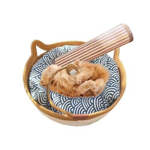 Hugsweet Handgewebtes Katzenbett, kühlendes Katzennest mit Spielzeugschwanz für den Sommer, Kätzchenform, natürlich, atmungsaktiv, Wiege, Kratzbaum mit weichem Kissen für Kätzchen, Katzen von Hugsweet