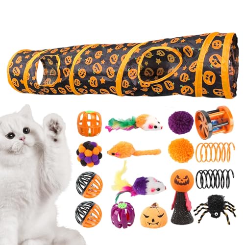 Hugsweet Haustier-Katzentunnelröhre, Katzenspielzeug-Set mit Tunnel, Zusammenklappbare Halloween-Katzenröhren mit Katzenspielzeug, Aktivitätscenter mit Kürbismuster, interaktives Spielzeug für kleine von Hugsweet