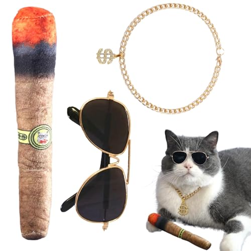 Hugsweet Hip-Hop-Haustierkostüm, Hip-Hop-Katzenkostüm - Dollar Halskette Brille Hund,Kettenhalsband, Sonnenbrillen-Kostüme, Cosplay-Zubehör für kleine Hunde und Katzen von Hugsweet