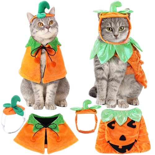 Huhumy 2 Sets Haustier Kürbis Kostüm Katze Halloween Kürbis Umhang Hut Set Kürbis Kostüm für Hund Katze Halloween Kostüme Kürbis Hut für Hunde Welpen Poncho Halloween Cosplay für kleine mittelgroße von Huhumy