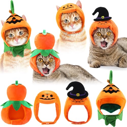 Huhumy 4 Stück Katzenkostüm für Halloween, Kürbis, Hut, verstellbarer Haustier-Kopfschmuck, niedliche Kürbiskappe, Kürbis-Kopfbedeckung für Halloween, Party, Cosplay, Kostüm, Welpen, Kätzchen, von Huhumy