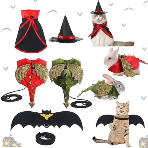 Huhumy 4-teiliges Halloween-Haustier-Cosplay-Set, bestehend aus 2 roten und grünen Dinosaurier-Cosplay-Halloween-Haustier-Kostümen, 1 Häschen, Fledermausflügel, 1 Vampir-Kostüm, Umhang mit Hexenhut, von Huhumy