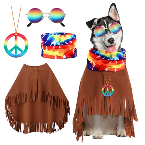 Huhumy 4-teiliges Hippie-Kostüm-Set für Haustiere, bestehend aus Retro-Sonnenbrille, Batikfärbung, Hundeschal, Hippie-Umhang, Halskette, Halloween-Hippie-Kostüm (groß, Halsumfang 45,7 - 63,5 cm, von Huhumy