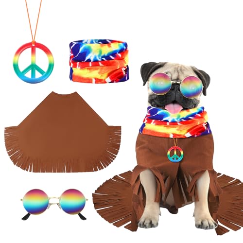 Huhumy 4-teiliges Hippie-Kostüm-Set für Haustiere, bestehend aus Retro-Sonnenbrille, Batikfärbung, Hundeschal, Hippie-Umhang, Halskette, Halloween-Hippie-Kostüm (klein, Halsumfang 30,5 - 38,1 cm, von Huhumy