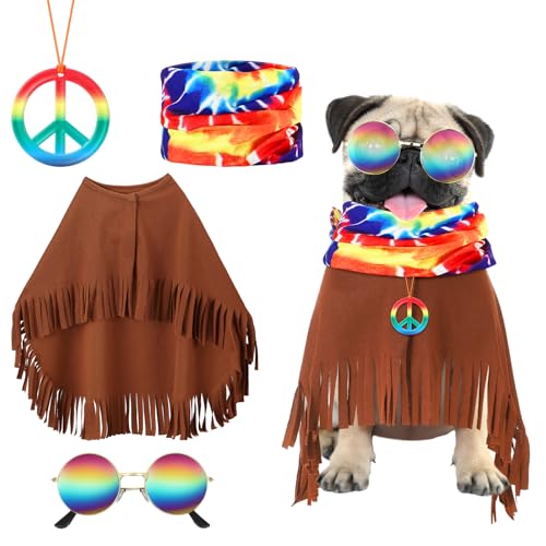 Huhumy 4-teiliges Hippie-Kostüm-Set für Haustiere, bestehend aus Retro-Sonnenbrille, Batikfärbung, Hundeschal, Hippie-Umhang, Halskette, Halloween-Hippie-Kostüm (klein, Halsumfang 30,5 - 38,1 cm, von Huhumy