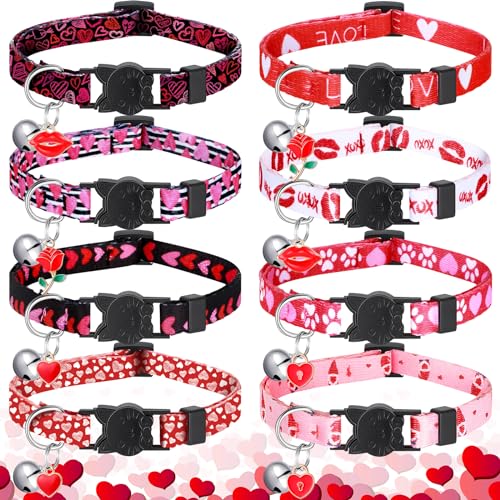Huhumy 8 Stück Valentins-Katzenhalsband, verstellbares Katzenhalsband mit Glöckchen, Katzenhalsbänder mit Kunststoffschnalle, Welpengeschenk für Kätzchen, Haustiere, Welpen, Hunde von Huhumy