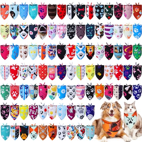 Huhumy Hundehalstücher mit Pfotenmuster, Hundehalstücher mit Pfotenknochen-Aufdruck, Dreieckstuch für mittelgroße und große Hunde, buntes Hundehalstuch, Haustier-Kostüm, Zubehör, Dekoration, 100 Stück von Huhumy
