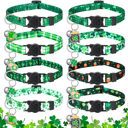 Huhumy St. Patrick's Day verstellbares Katzenhalsband für Ostern, Katzenhalsband mit Glöckchen, Kunststoffschnalle, Valentinstag, Urlaub, Welpengeschenk für Haustiere, Kätzchen, Welpen (Kleeblatt), 8 von Huhumy