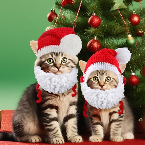 Huhumy Weihnachtsmütze für Welpen und Katzen, schöne Weihnachtsmannmütze mit weichem, flauschigem Bart für Katzen, Hunde, Haustiere (Größe M) von Huhumy