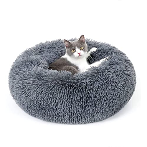 Hundebett, Katzenbett, Hundebett, Hundekissen, Anti-Stress, Gemütliches Haustierbett, Rundes Plüsch Kuschelbett Katzen Hund, Maschinenwaschbar Plüsch Hundebett (Ø 50cm dunkelgrau) von Huifengjie