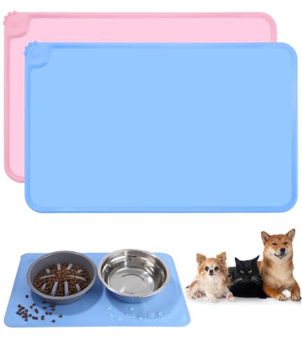 2-teiliges Set Napfunterlage Hund Katzen, wasserdichte und rutschfeste Silikon Fressnapf Unterlage, Futtermatte, Anti-Rutsch Haustier Fütterung Matte für Futternäpfe Wassernapf (Rosa & Blau, 48x30CM) von Huifoo