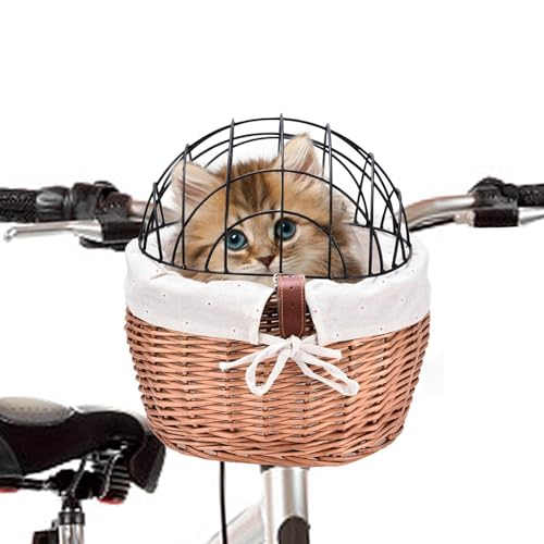 Hujinkan Weiden-Fahrradkorb,Weiden-Fahrradkorb vorne aus Webstoff mit Drahtgeflecht-Abdeckung - Abnehmbarer Fahrradkorb für den vorderen Lenker, Fahrradkorb aus Korbgeflecht für kleine Hunde und von Hujinkan