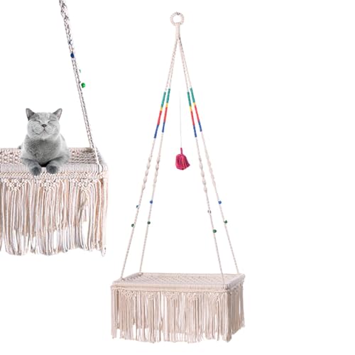 Humdcdy Boho Katzenschaukelbett,Makramee Katzenschaukelbett,Makramee Wandschaukel Boho Bett Hängematte - Platzsparendes Katzen-Makramee-Quastenkorb-Schaukelnest für Katzen von Humdcdy