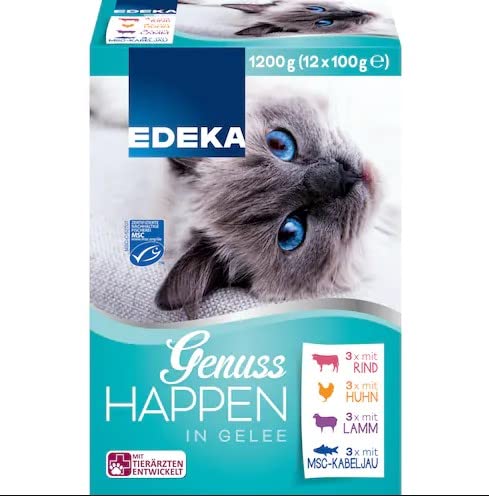 EDEKA Katzenfutter Genuss Happen Katzen Nassfutter in Gelee 12 x 100g Portionsbeutel Je 3 x mit Rind, Huhn, Lamm, Kabeljau von Hunde