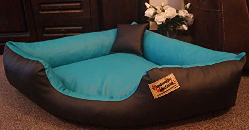 Hundebett Eckbett Hundesofa Schlafplatz Kunstleder Canto (70 cm X 70 cm, Schwarz Türkis) von Hundebettenmanufaktur