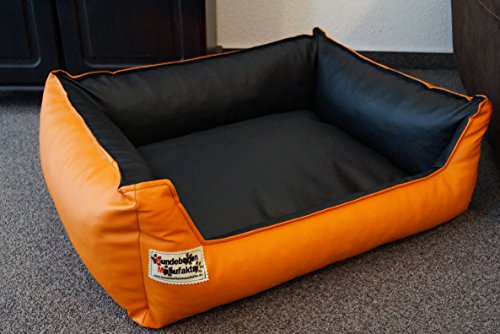 Hundebett Hundesofa Schlafplatz Kunstleder Similpelle Farbe und Größe wählbar von XS bis XXL (80 cm X 60 cm, orange schwarz) von Hundebettenmanufaktur
