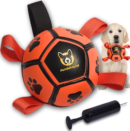 Hundefreund Kleiner Hundefußball Orange Leuchtend mit Haltegriffen, Hundespielzeug Fußball für Kleine Hunde mit Pumpe, Interaktiver Hundeball (12 cm) für Drinnen, Draußen und im Wasser von Hundefreund