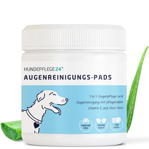 Hundepflege24 Augen Reinigungspads für Hunde und Katzen - 100 Stück - Schmutz- & Tränenfleckentferner Hund mit pflegendem Vitamin E & Aloe Vera - 2in1 Augenpflege & Augenreinigung von Hundepflege24