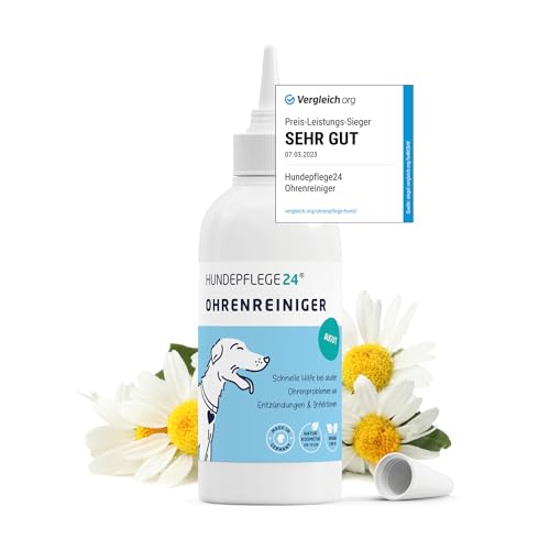 Hundepflege24 Ohrenreiniger für Hunde Akut - Extra-starker Hundeohr Reiniger bei Entzündungen & Infektionen - Natürliche Ohrentropfen für Hunde mit Piroctone Olamine, Kamille & Aloe Vera 250ml von Hundepflege24