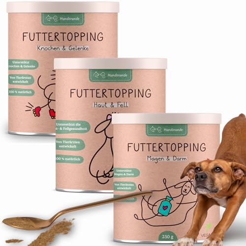 HUNDERUNDE Nahrungsergänzungsmittel Hund - Gesundheitsprodukt für glänzendes Fell und gesunde Haut - Futtertopping Haut & Fell 3x250g von Hunderunde