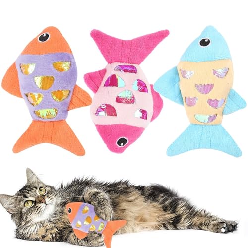 HunicandIU Katzen-Katzenminze-Spielzeug, Fisch-Katzenspielzeug | Plüsch 3PCS Interaktives Katzenspielzeug Katzenkauspielzeug | Süßes Katzenminze-Spielzeug, Katzenspielzeug mit Sound für Kätzchen, von HunicandIU