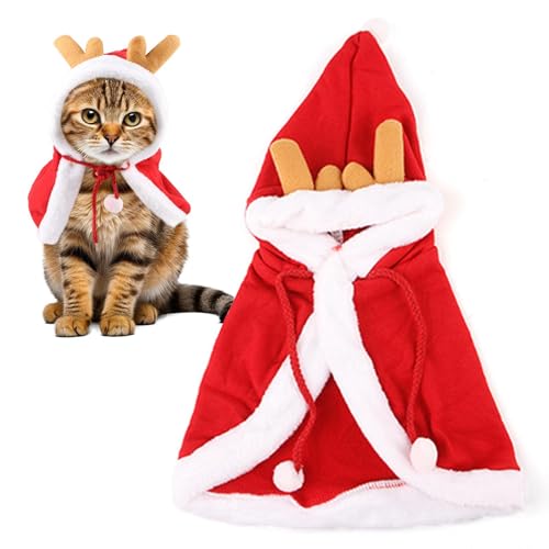 HunicandIU Katzen-Weihnachtsoutfit,Weihnachtskatzen-Hundekostüm - Niedlicher Geweih-Weihnachtsmann-Umhang für Haustiere - Hundekostüm, Welpenumhang, mehrere Größen, Festliche Urlaubsbekleidung für von HunicandIU