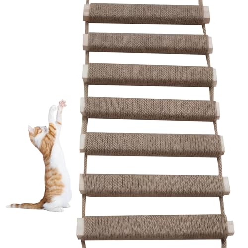 Huraoerrrr Katzenleiter 10x39 Zoll hängende Holzkatze Bridge mit einem Leinenseil Kratzfeste Katzenleiter für Innenkatzen Katzenversorgung gewickelt von Huraoerrrr